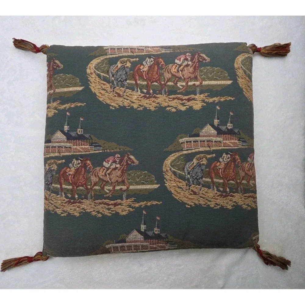 Vintage‎ Equestrian Tapestry Pillow Cushion Tassels Derby Horses Jockey Valdese
